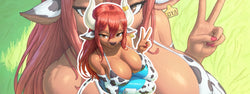 Image of Male masturbator fantasy toy reference with busty cow girl posing on grass