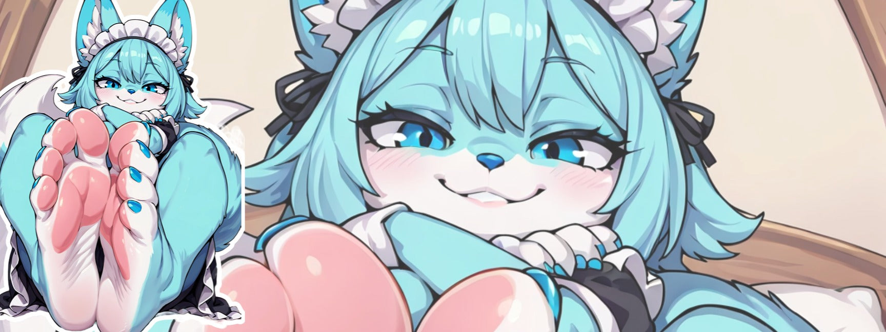 Male masturbator furry toy idea with blue dog maid showing paw pads on bed