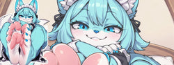 Image of Male masturbator furry toy idea with blue dog maid showing paw pads on bed