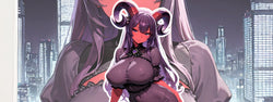 Image of Gothic succubus adult fantasy toy - Voluptuous purple demon with horns in lace dress against neon cityscape | Seductive collector's edition pleasure device
