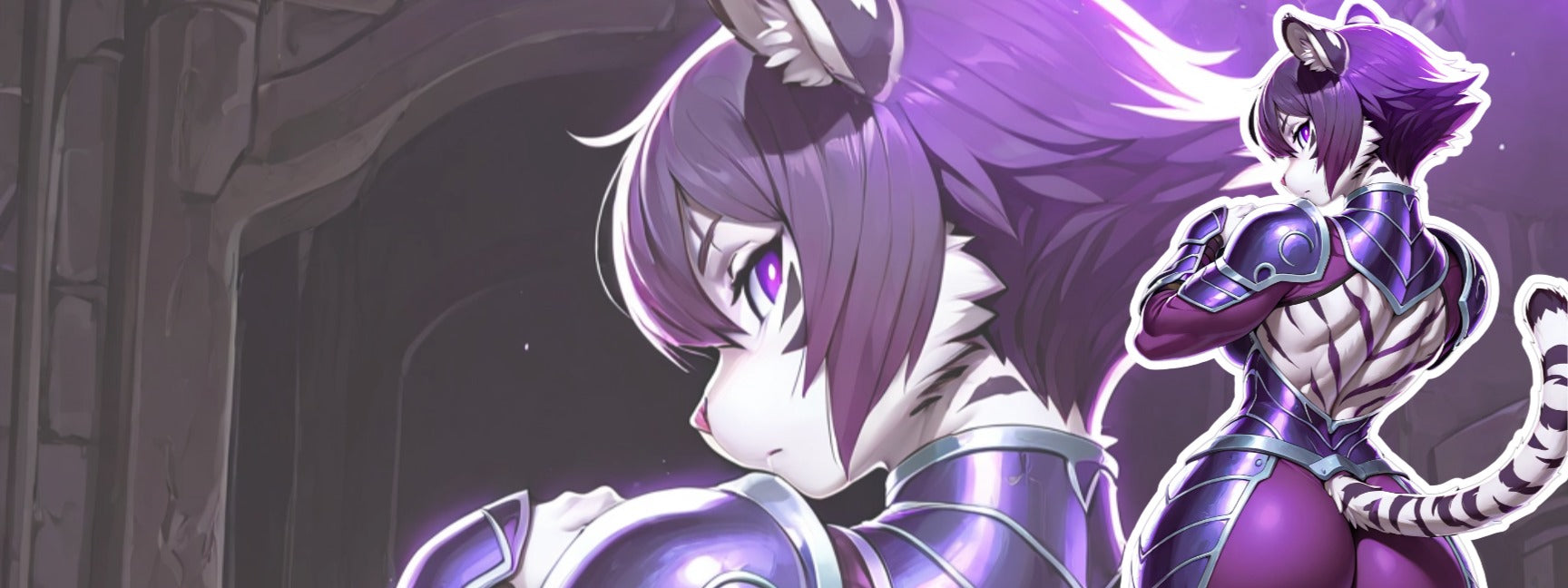 Anthro tiger warrior Nyxa in violet armor, fantasy character for adult toy concept