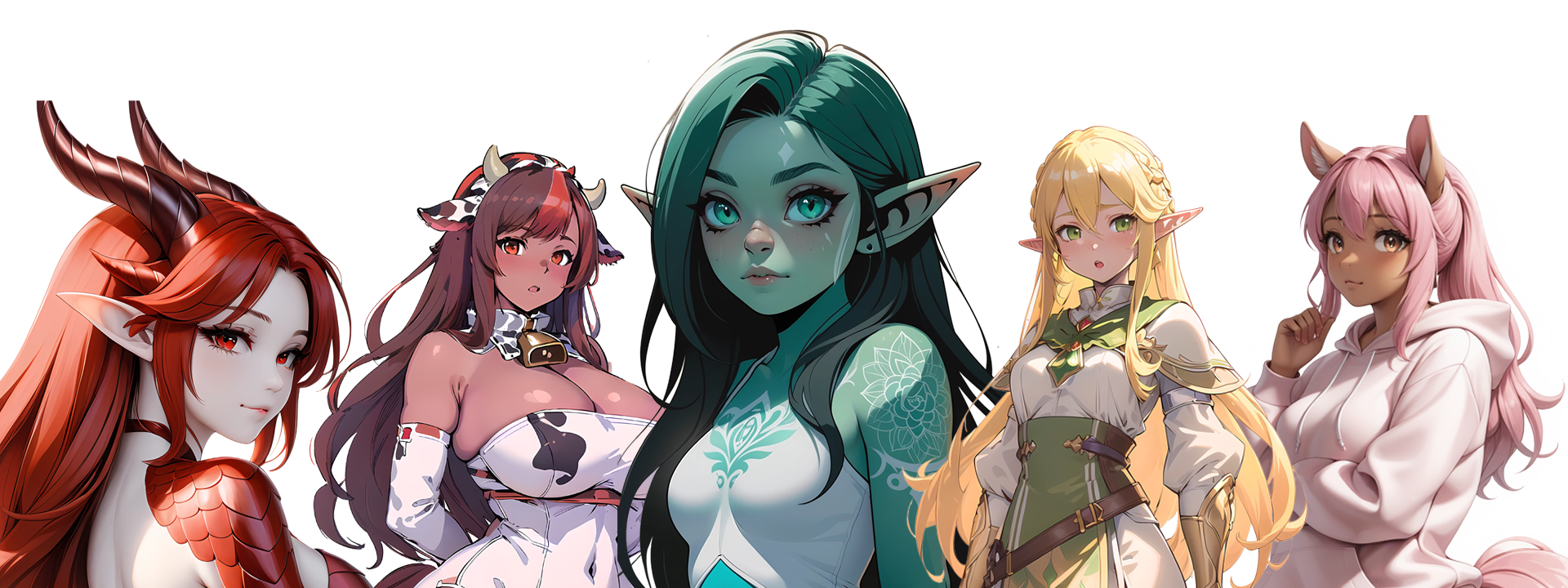 Fantasy-style anime female characters with unique traits—dragon horns, cow pattern, elf features, and animal ears—inspiring the visual design of themed masturbators.
