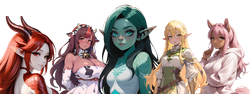 Image of Fantasy-style anime female characters with unique traits—dragon horns, cow pattern, elf features, and animal ears—inspiring the visual design of themed masturbators.