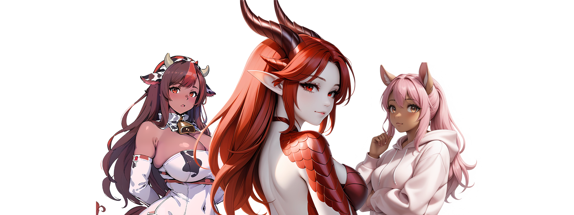 Three fantasy-style anime girls—a seductive cow-girl, a fierce red-haired dragon-horned beauty, and a soft pink-haired beast-girl—inspiring the design of character-themed masturbators