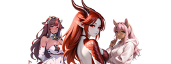 Image of Three fantasy-style anime girls—a seductive cow-girl, a fierce red-haired dragon-horned beauty, and a soft pink-haired beast-girl—inspiring the design of character-themed masturbators