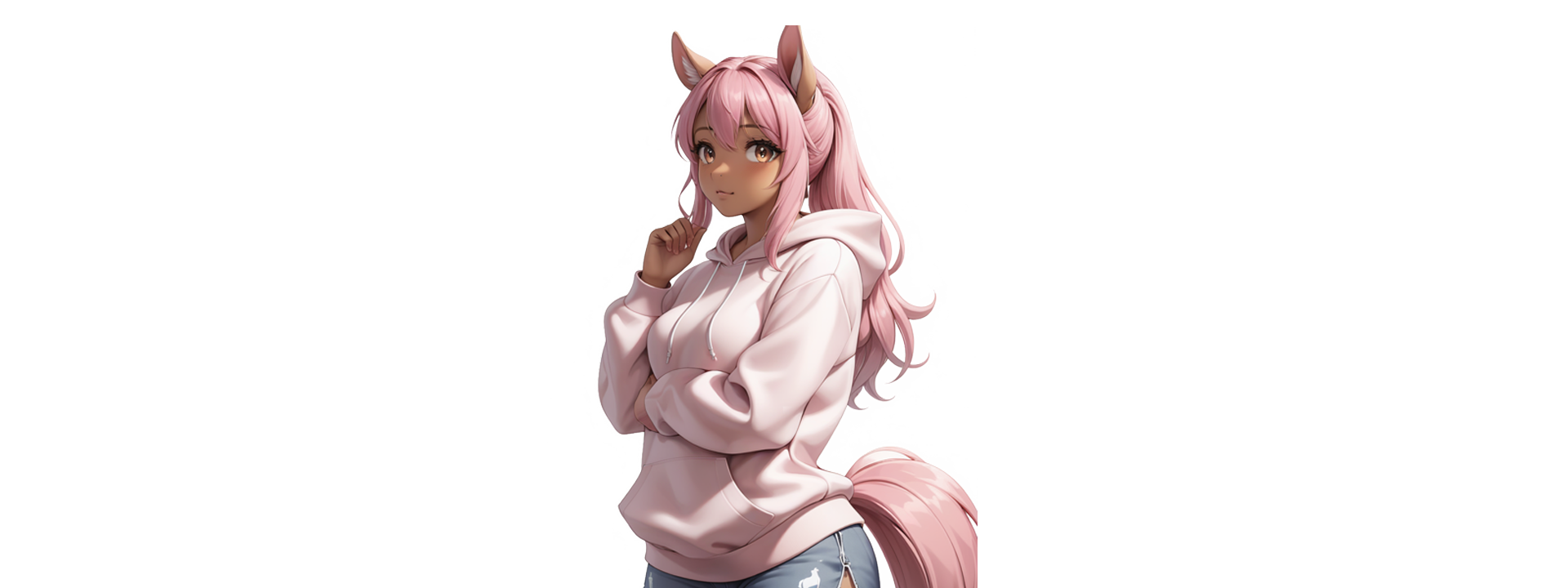 A charming anime girl with pink hair, animal ears, and a hoodie, designed in a cute fantasy style